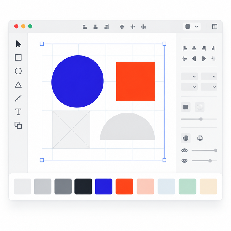 Design canvas with artboards, grid and blue and red colour swatches