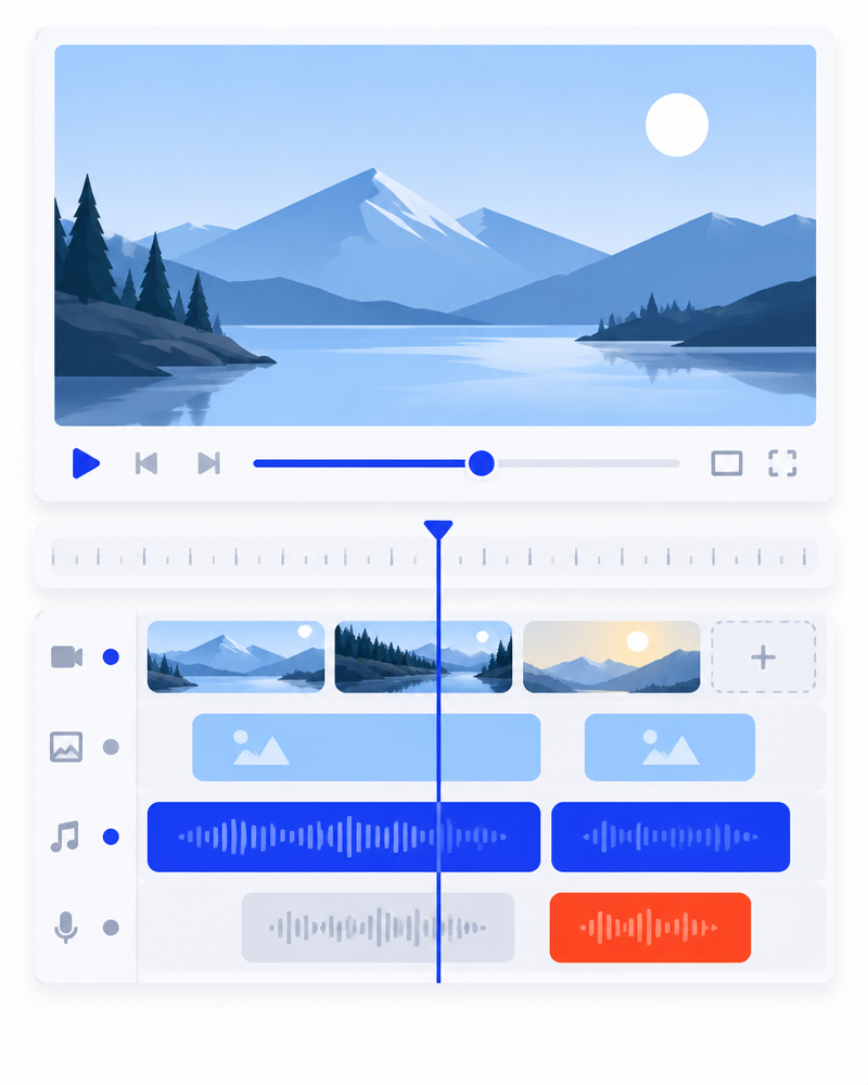 Video editing timeline with layered clips and audio tracks