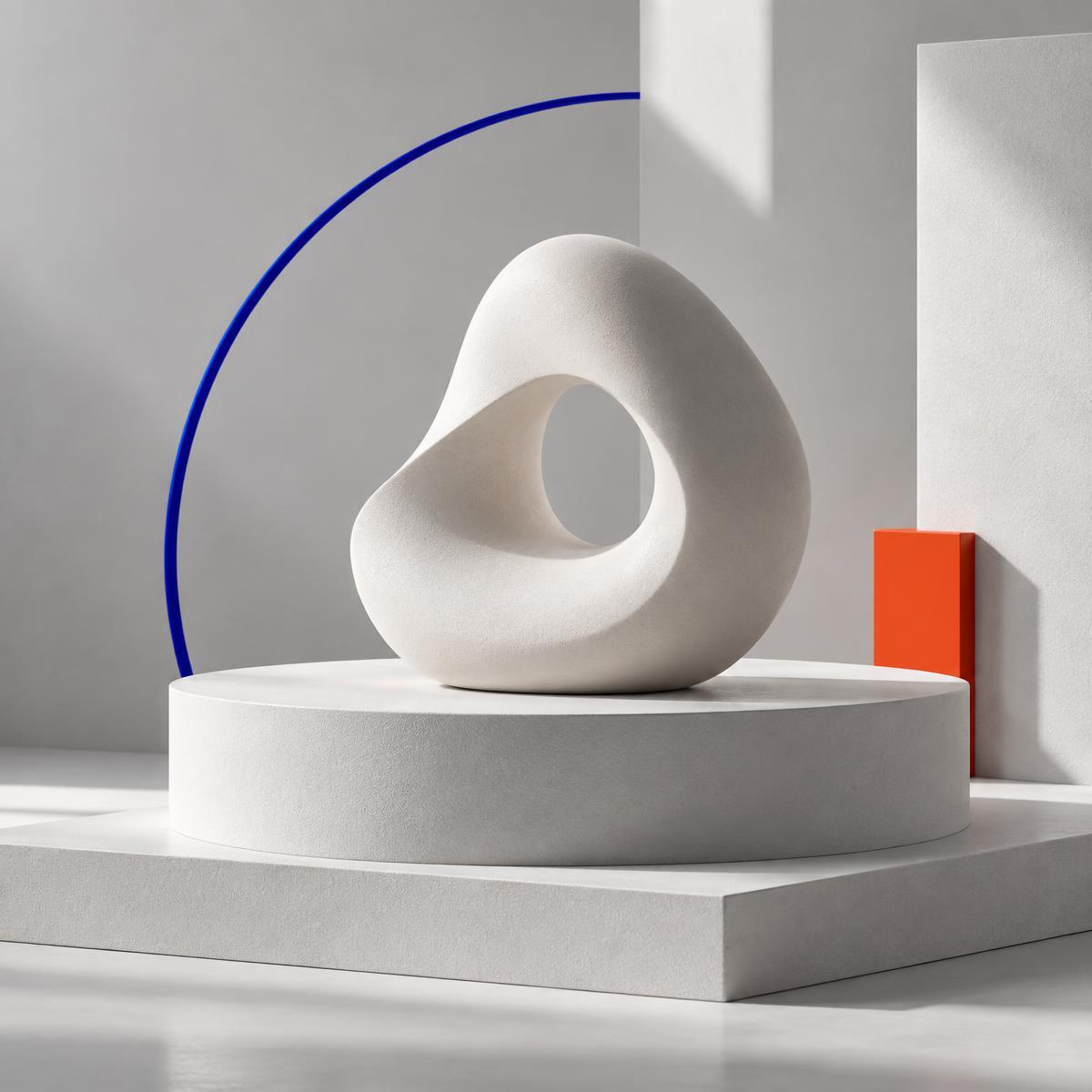 Sculptural product launch composition on white plinths
