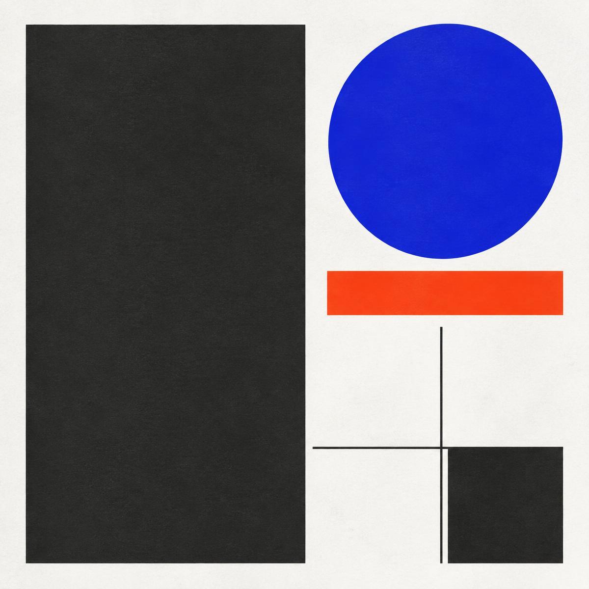 Minimal geometric poster in blue, red and charcoal
