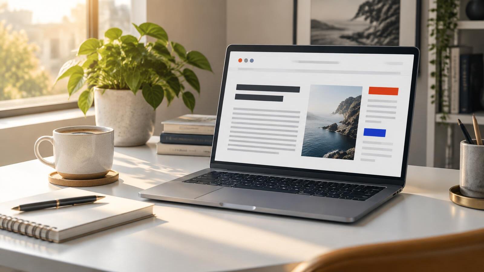 Laptop with an abstract article layout on a clean morning desk