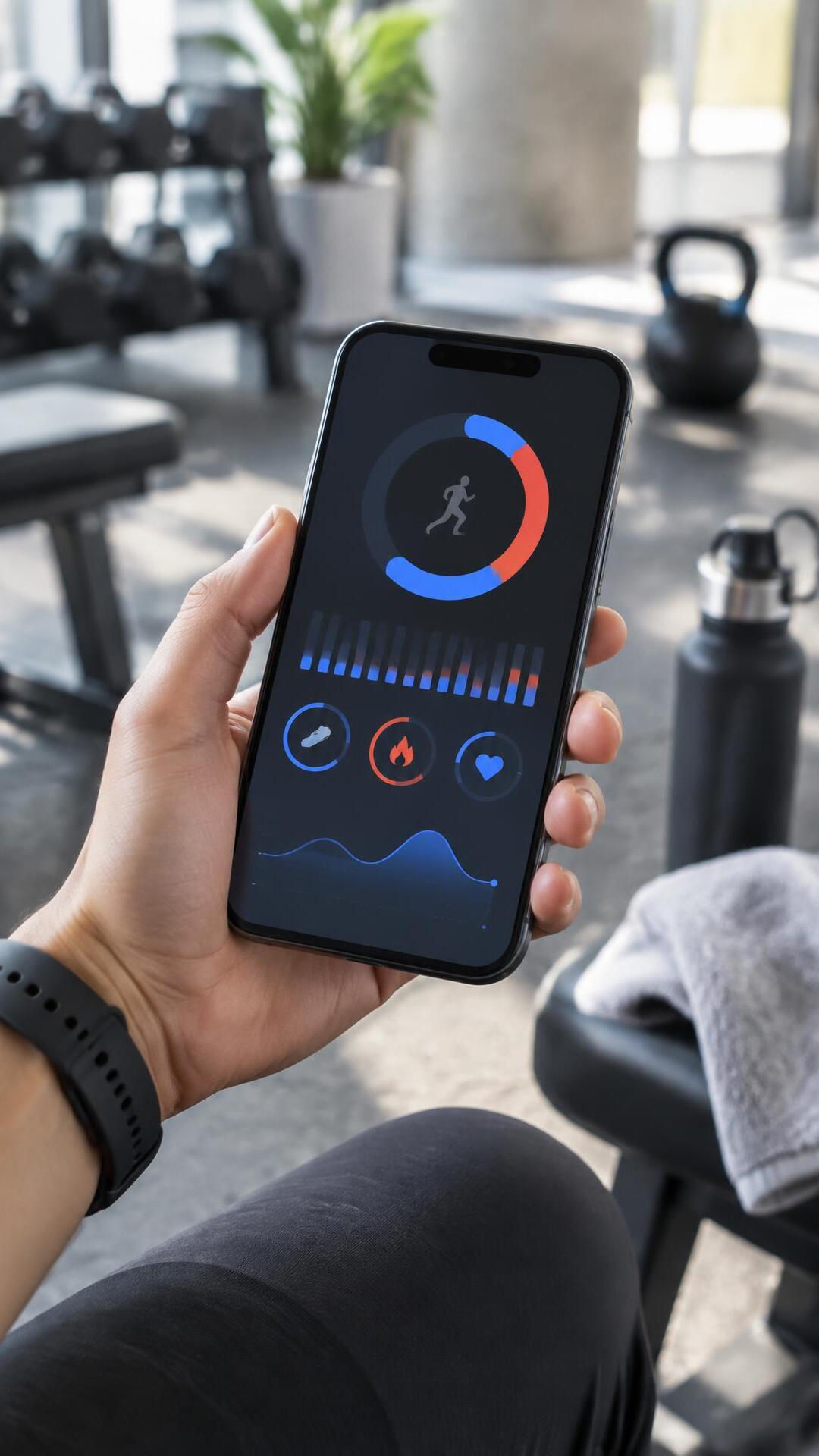 Hand holding a phone with an abstract fitness activity screen