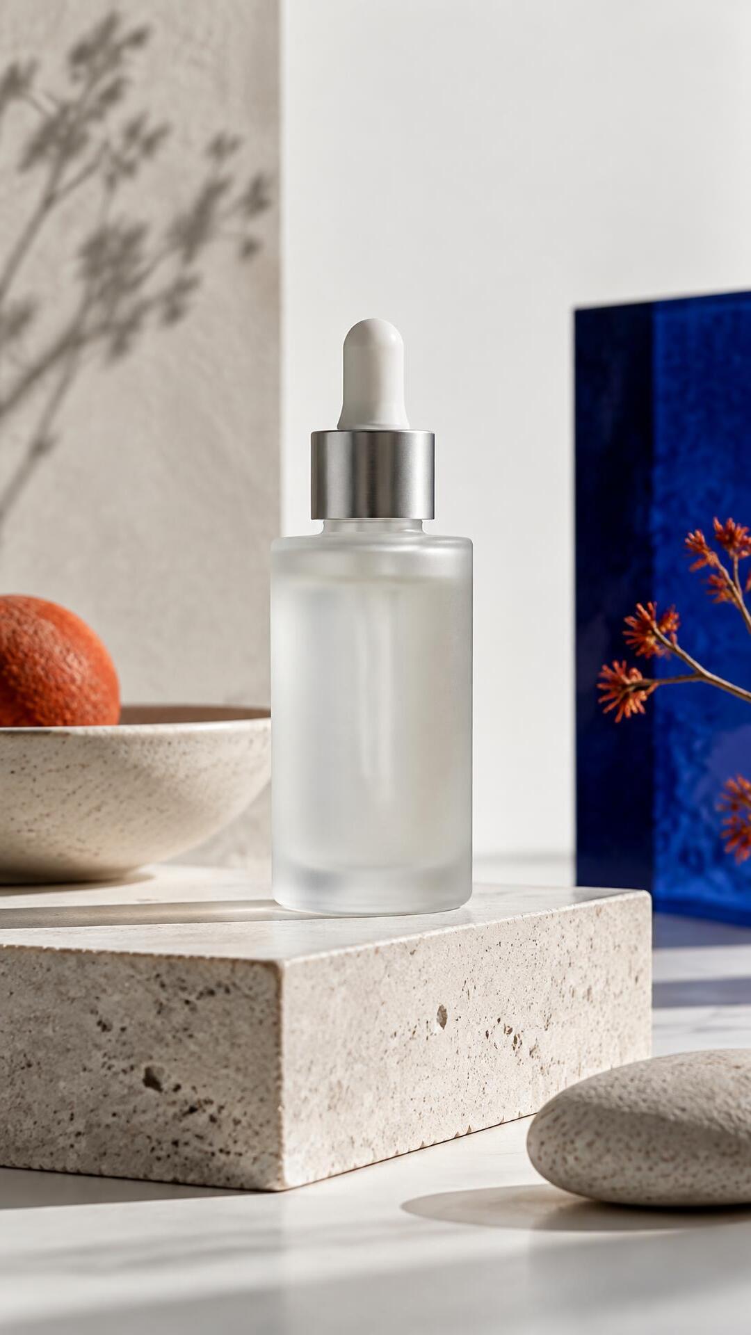 Unbranded skincare serum on a pale stone plinth